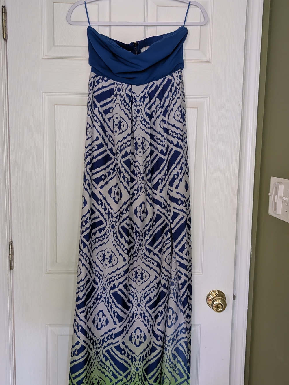 Jealous Tomato Blue and White Strapless Printed Maxi with Green Ombre Hem